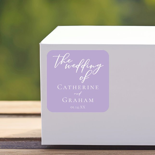 Liebliche Lilac-Hochzeit mit Lila weißer Typografi Quadratischer Aufkleber (Von Creator hochgeladen)