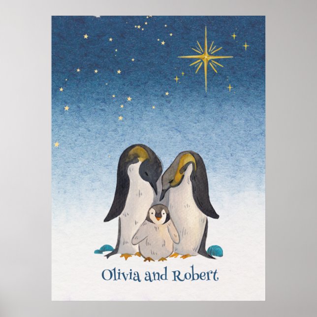 Liebliche Penguin-Familie Wasserfarbe Poster (Vorne)