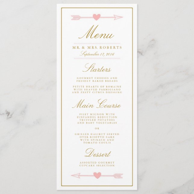 Liebliche Pfeile für Hochzeitsessen / Blush & Gold Menükarte (Vorderseite)