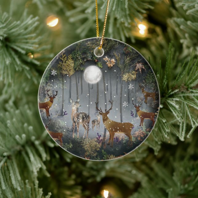 Liebliche Reindeer At Night Keramik Ornament (Baum)
