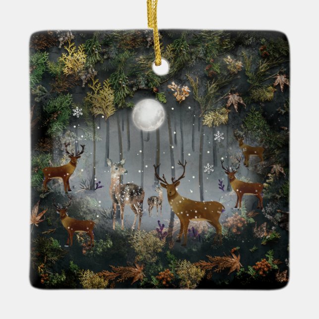 Liebliche Reindeer At Night Keramikornament (Vorderseite)