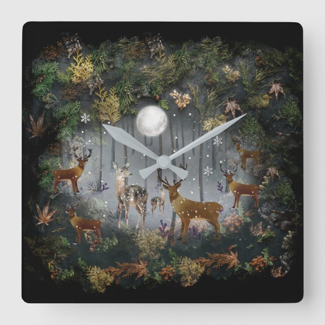 Liebliche Reindeer At Night Quadratische Wanduhr (Vorderseite)