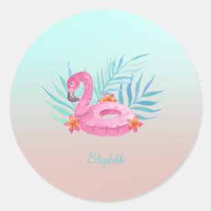 Liebliche rosa Flamingo Palmwedel Runder Aufkleber