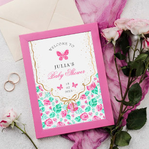 Liebliche rosa Rosenblume goldene Schleife Baby-Pa Poster