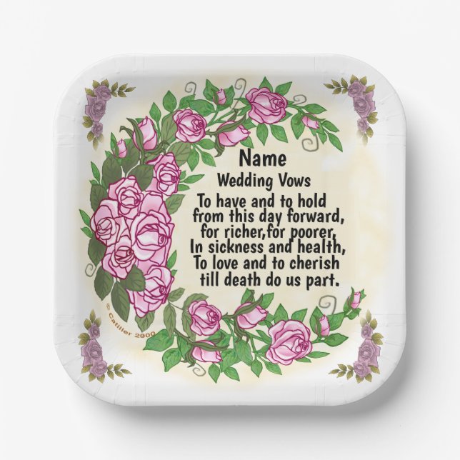 Liebliche Rose Hochzeiten Vows Papier Teller (Vorderseite)