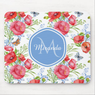 Liebliche rote Pflaumen mit blauen Schmetterlingen Mousepad