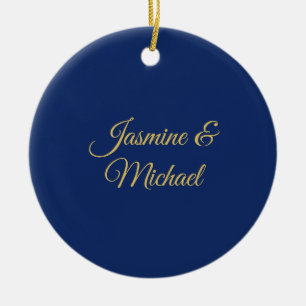 Liebliche Schicke Kalligrafie-Paarnamen Blau & Gol Keramik Ornament