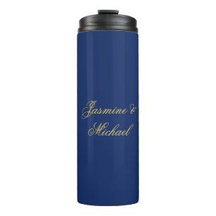 Liebliche Schicke Kalligrafie-Paarnamen Blau & Gol Thermosbecher