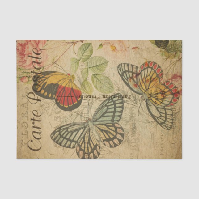 Liebliche Schmetterlinge Rose Französisch Ephemera Seidenpapier (Vorderseite)