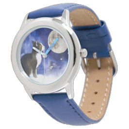 Liebliche Tuxedo Cat und Vollmond Watch Armbanduhr