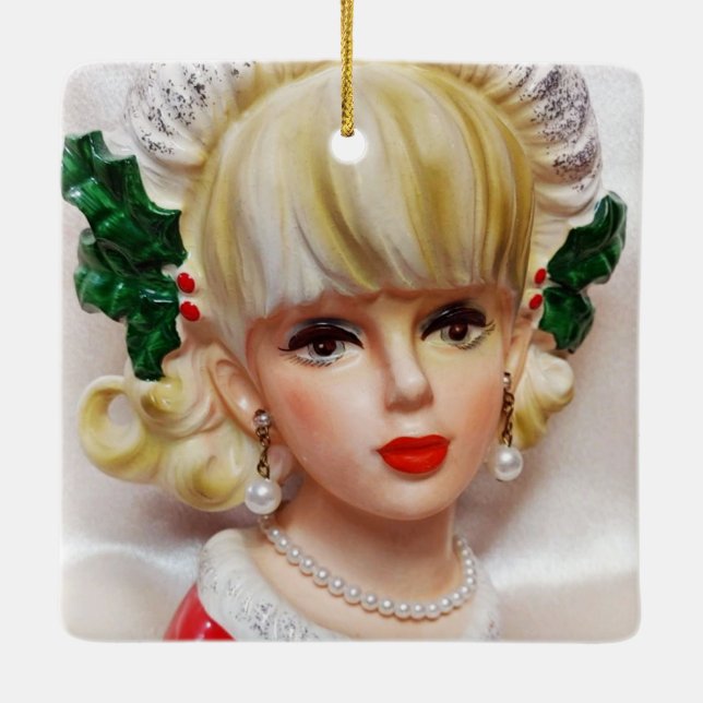 Liebliche Weihnachtsmädchen Kopf Vase Holly und Pe Keramikornament (Rückseite)