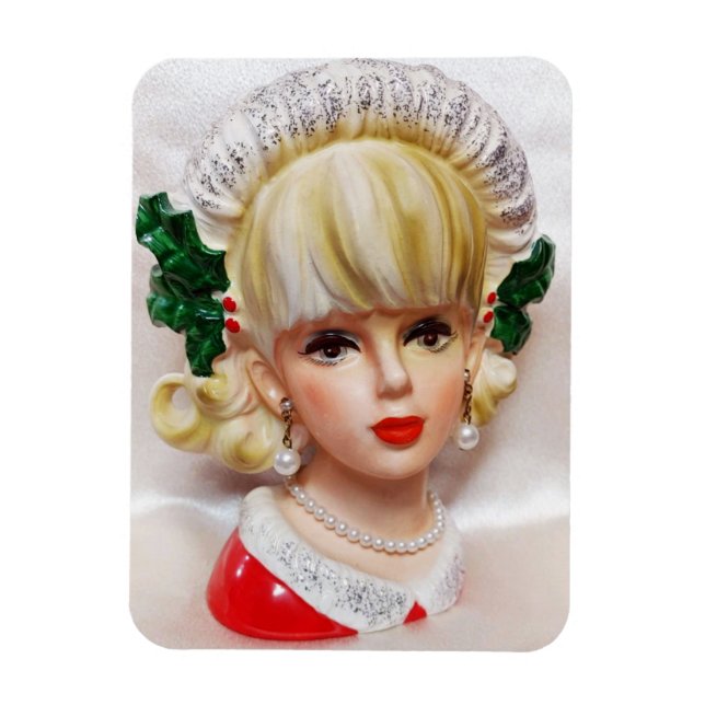 Liebliche Weihnachtsmädchen Kopf Vase Holly und Pe Magnet (Vertikal)
