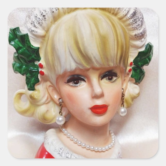 Liebliche Weihnachtsmädchen Kopf Vase Holly und Pe Quadratischer Aufkleber (Vorderseite)