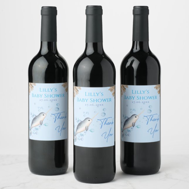 Lieblicher Baby Narwhal & Bubbles Baby Dusche Weinetikett (Flaschen)