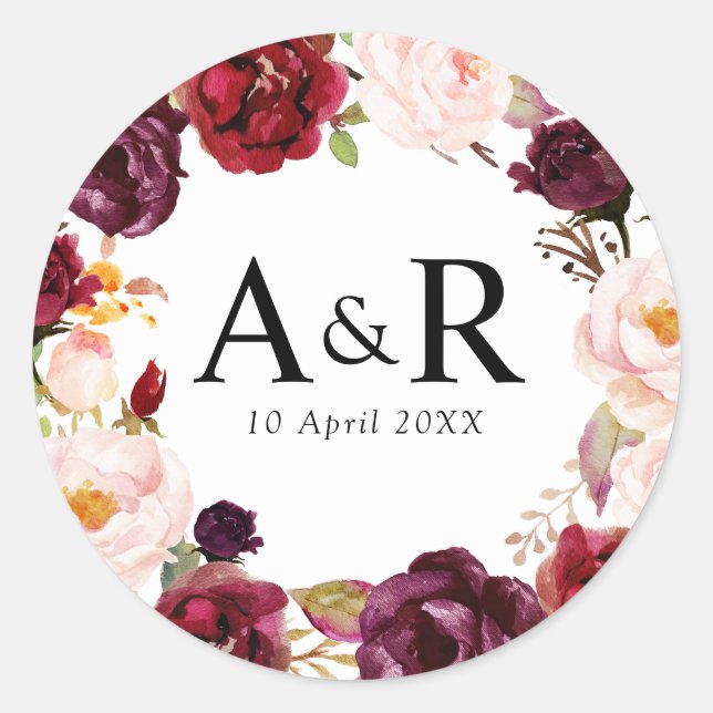 Lieblicher Bordeaux-Hochzeitsticker Runder Aufkleber (Vorderseite)