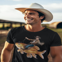 Lieblicher Cowboy, der auf dem Fisch reitet
