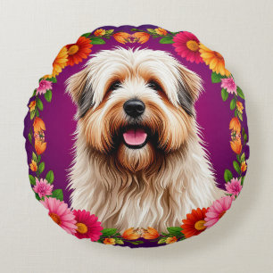 Lieblicher flauschiger Hund mit Blumen Süßes Blume Rundes Kissen