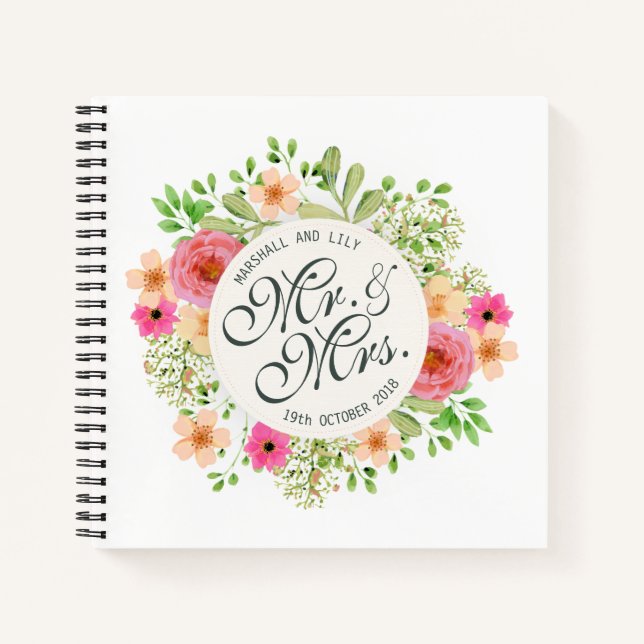Lieblicher Herr und Frau Floral Wedding Gästebuch Notizbuch (Vorderseite)