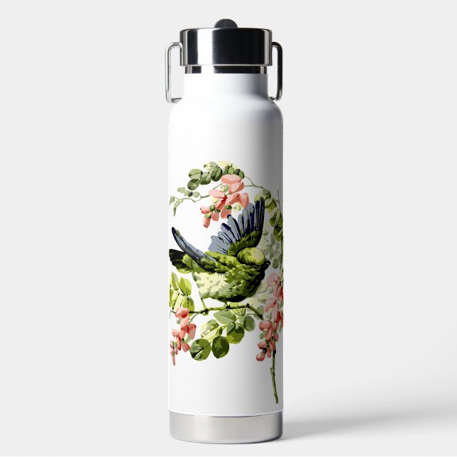 Lieblicher junger Papagei im blühenden Baum Trinkflasche (Vorderseite)