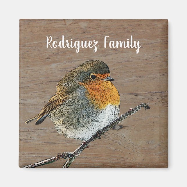 Lieblicher niedlicher Robin-Vogel auf Holzfamilien Magnet (Vorne)
