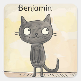 Lieblicher Niedlicher Whimsical Cartoon Black Cat Quadratischer Aufkleber