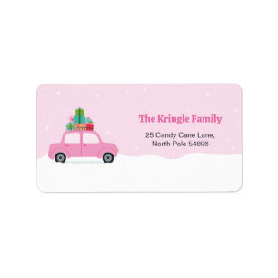 Lieblicher rosa Wagen mit Weihnachtsgeschenken in  Adressaufkleber