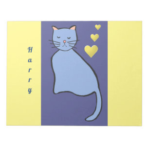 Lieblicher Spaß Blue Cat mit rosa Ohren und gelbe Notizblock