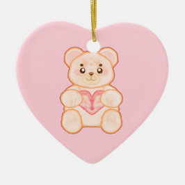 Lieblicher Valentintagsbär mit rotem Herzen Keramik Ornament