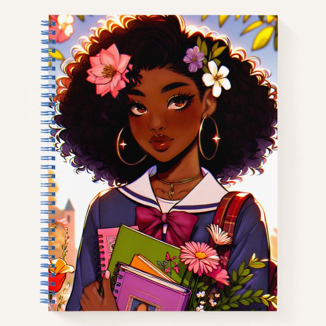 Liebliches Afroamerikanisches Anime-Schülermädchen Notizbuch (Vorderseite)