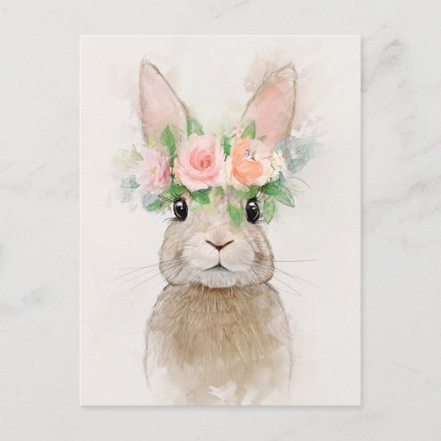 Liebliches Kaninchen mit Blume Crown Portrait Postkarte (Vorderseite)