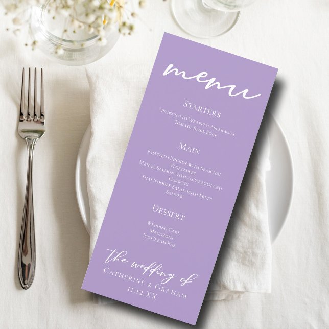 Liebliches Lilac Lila Typografy Wedding Dinner Menükarte (Von Creator hochgeladen)