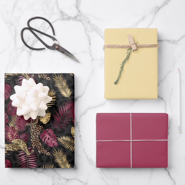 Liebliches Thema Burgund und Gold Safari Geschenkpapier Set (Vorderseite)