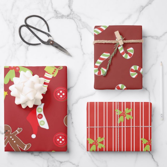 Liebliches Weihnachtsthema Rot und Grün Geschenkpapier Set (Vorderseite)