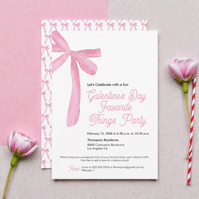 Lieblingssendungen Galentiner Party Pink Bow Thema Einladung (Coquette ribbon bows Galentine’s favorite things party invitation )