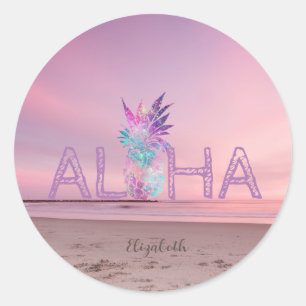 Liebreizender Aloha Hawaiianischer Ananas, Strand  Runder Aufkleber