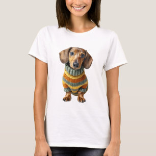 Liebreizendes Dachshund-Welpe in gestreifter Stric T-Shirt