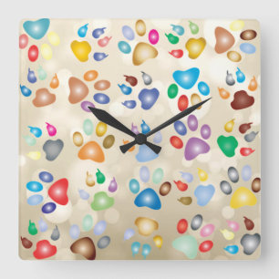 Liebreizige Farbige Hundepfotenabdrücke, Bokeh Quadratische Wanduhr
