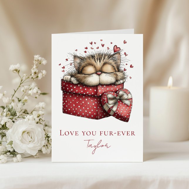 Liebst Du Dich Feiertagskarte (Love You Fur-Ever Cute Cat Valentine Folded Card on a table with white flowers)