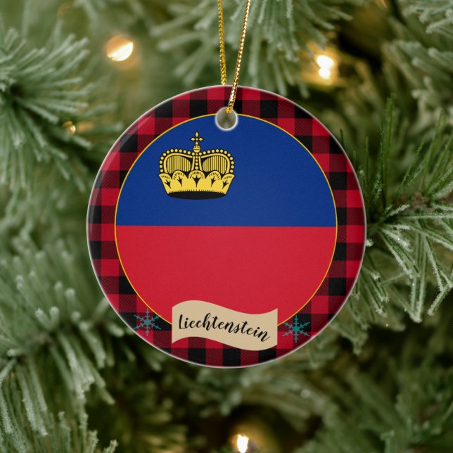Liechtensteinische Flagge, karierter roter Büffel, Keramik Ornament (Baum)