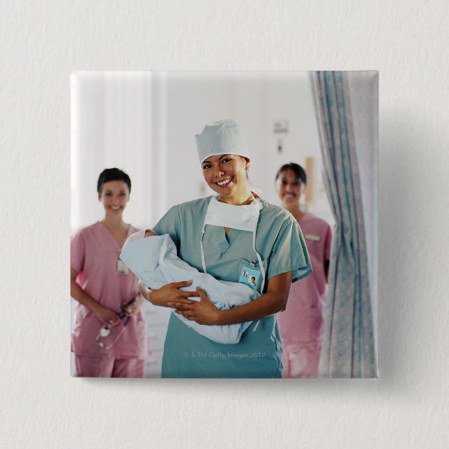 Lieferungsraumkrankenschwester, die herein Baby, Button (Vorderseite)