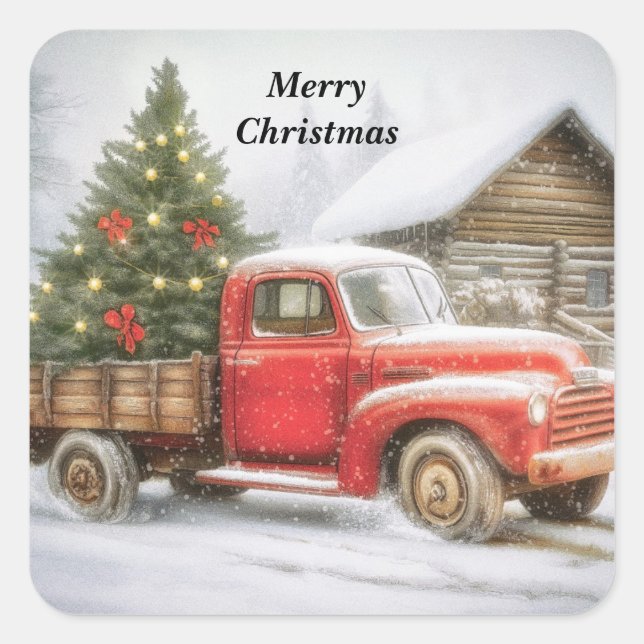 Lieferwagen-LKW mit Weihnachtsbaum Quadratischer Aufkleber (Vorderseite)