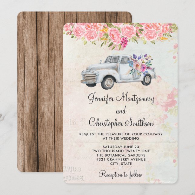 Lieferwagen LKW und Blume Rustikale Hochzeit Einladung (Vorne/Hinten)