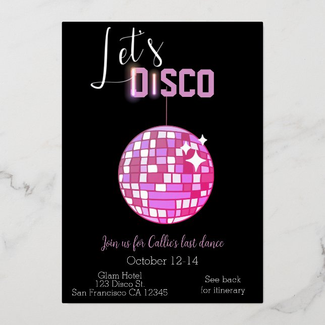 Ließt Disco Bachelorette Folieneinladung (Vorderseite)