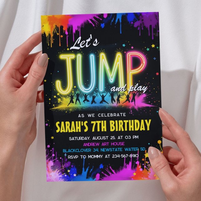 Ließt's Jump Party - Neon Splash Geburtstag Einladung (Let’s Jump Party – Neon Splash Birthday Invitation)