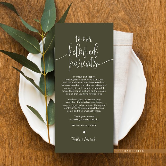 Lieu Cadre Carte de remerciements pour les parents (Wedding Dinner or Elopement Brunch Place Setting Thank You Card, In Modern Rustic Olive Green)