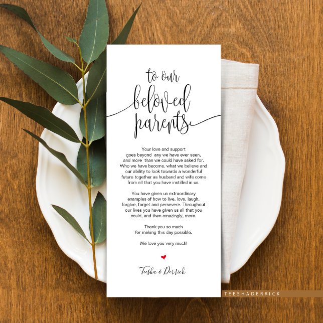 Lieu Cadre Carte de remerciements pour les parents (Place Setting Thank You Card for Our Beloved Parents, suitable for wedding dinner or anniversary.)