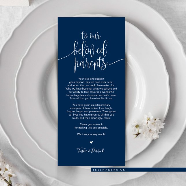 Lieu Cadre Carte de remerciements pour les parents (Wedding Dinner or Elopement Brunch Place Setting Thank You Card, In Modern Classy Romantic Navy Blue)