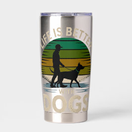 Life Is Better With Dogs Retro Sunset T-Shirt  Thermobecher