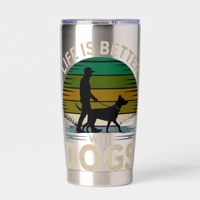 Life Is Better With Dogs Retro Sunset T-Shirt  Thermobecher (Vorderseite)