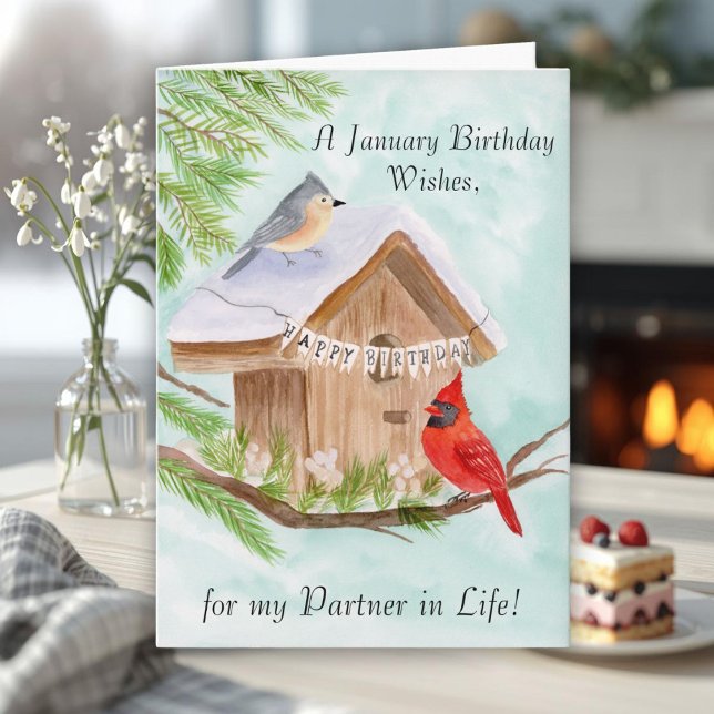 Life Partner Happy January Birthday Birds Karte (Von Creator hochgeladen)